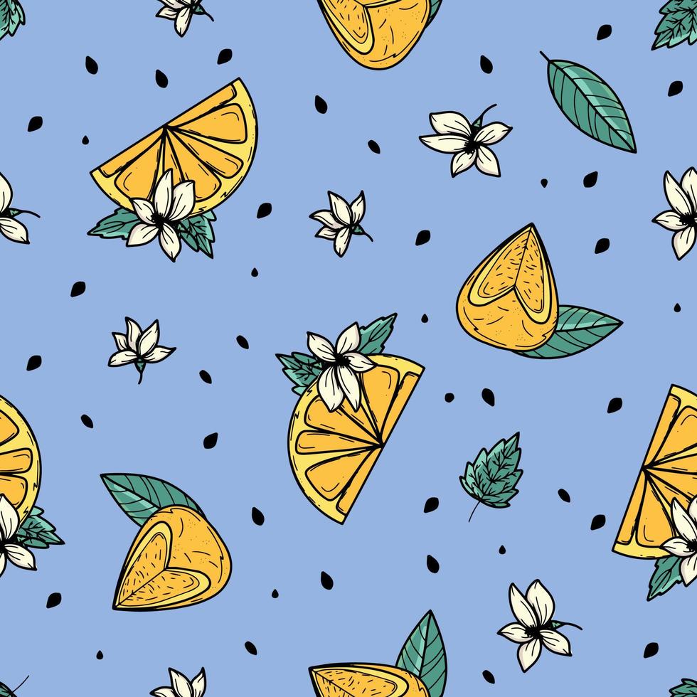 Beautiful and colorful style of yellow summer fruits and leaves with black lines, seamless pattern vector. Design for fashion, fabric, textiles, wallpaper, cover, web, packaging and all prints vector