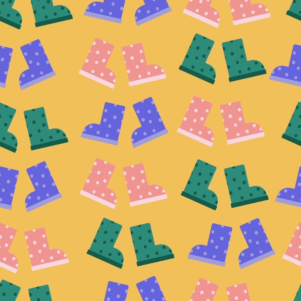 Rubber boots with polka dots. Vector pattern flat illustration. Spring, autumn, summer children waterproof shoes for walking in the rain and puddles. Shoes for boys and girls.