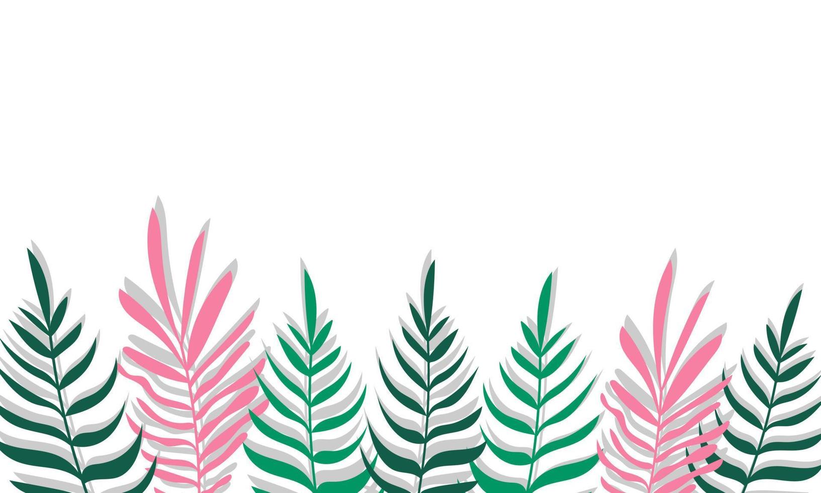 Plants minimalist vector banner. Hand drawn floral, grass, branches, leaves on a white background. Green simple horizontal pattern. Simple flat style. All elements are isolated and editable