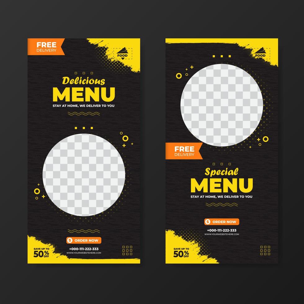 banner de plantilla de promoción de menú de comida deliciosa con fondo de patrón vector