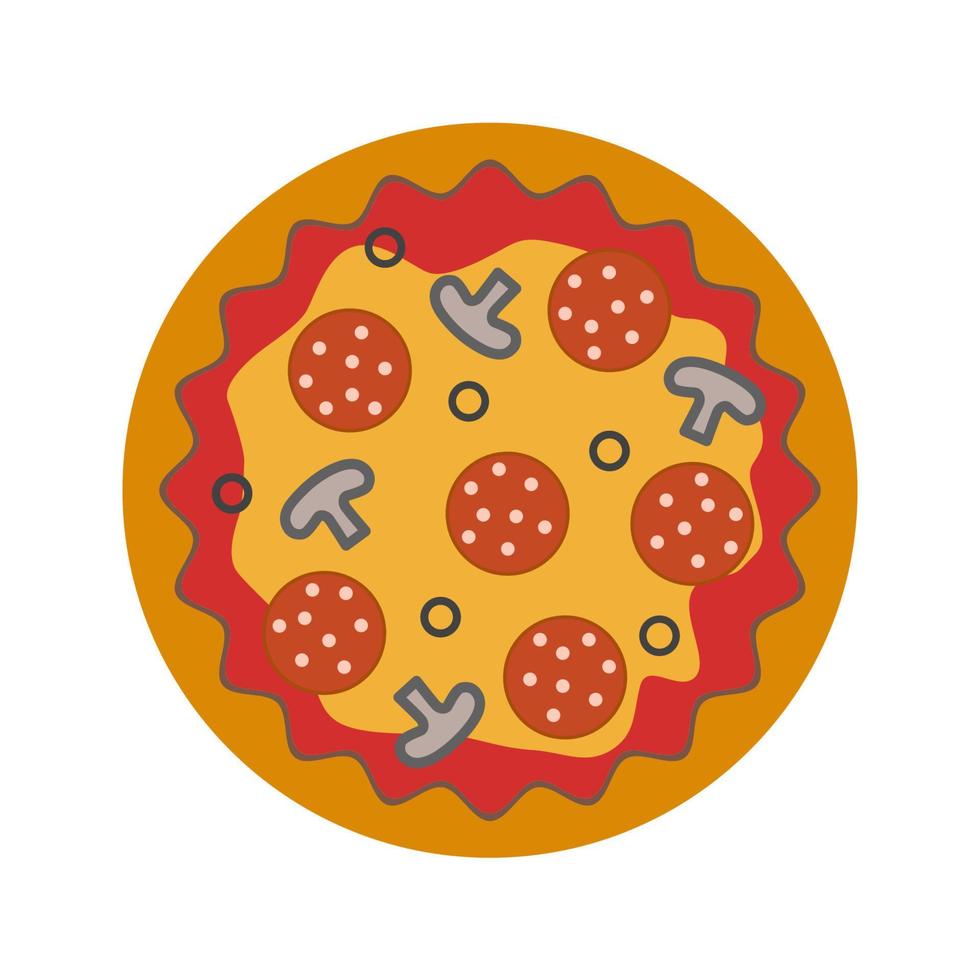 pizza de dibujos animados con champiñones, salchichas, aceitunas y salsa de tomate vector clipart sobre fondo blanco.