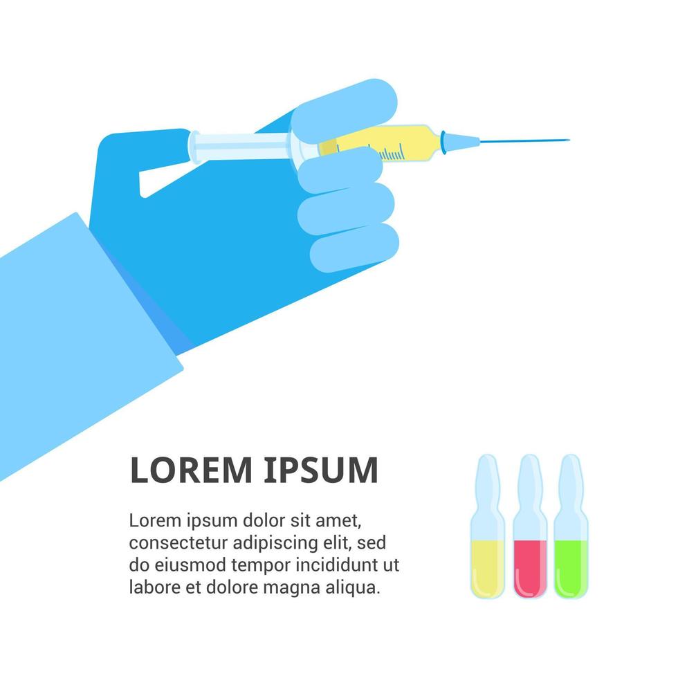 jeringa de mano del médico con inyección de vacuna ilustración vectorial de estilo plano aislada en fondo blanco. concepto de hospital para sitios web o aplicaciones móviles. vector