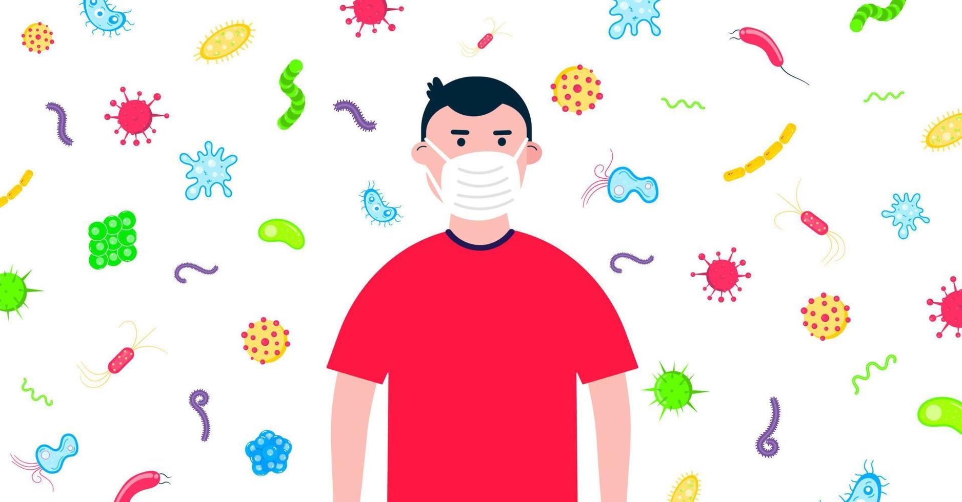 Kid boy with protection mask with bacterias and microbs behind him flat style design vector illustration isolated on white background. Flu and season diseases protection concept. Be healthy