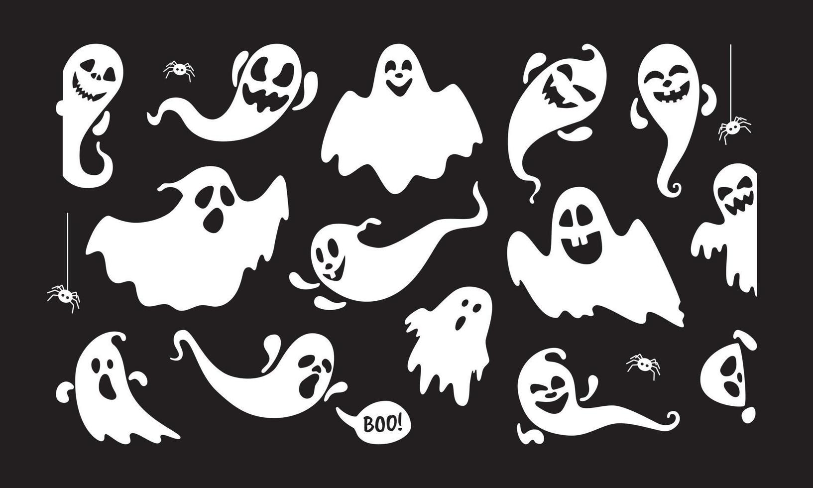 Cute ghost holiday characters flat style design vector illustration set isolated on dark background.