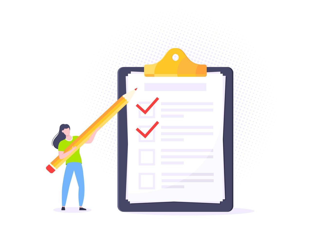 Checklist complete business concept tiny people with pencil nearby giant clipboard. vector