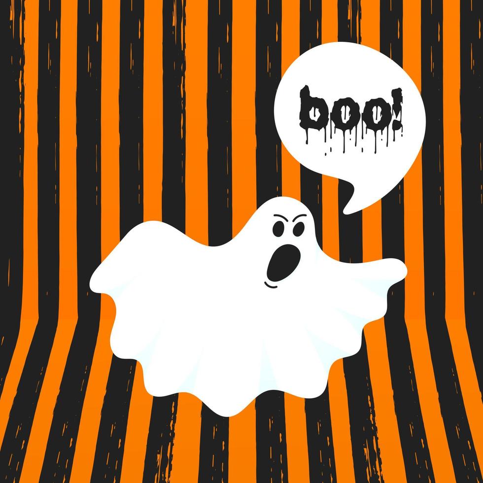 Boo ghost halloween message concept. Flying halloween funny spooky ghost character say BOO with text space in the speech bubble vector illustration isolated on orange striped background.