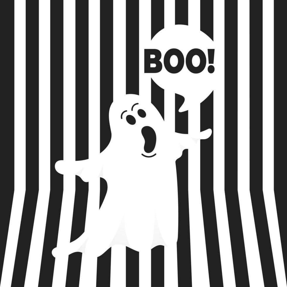 Boo ghost halloween message concept. Flying halloween funny spooky ghost character say BOO with text space in the speech bubble vector illustration isolated on black striped background.