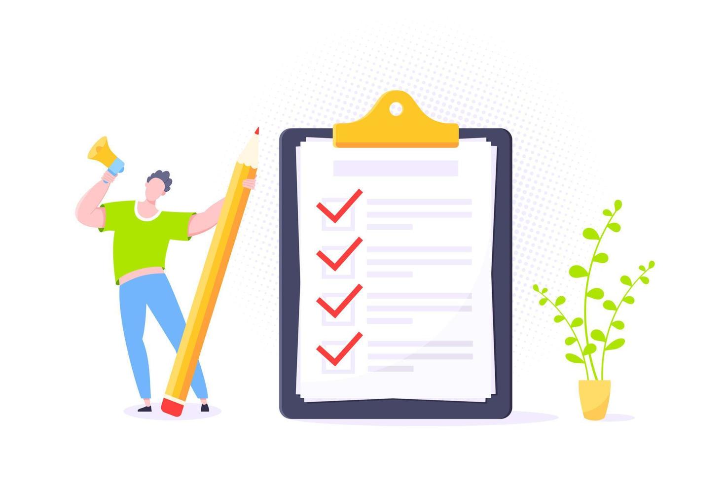Checklist complete business concept tiny person with megaphone, pencil nearby giant clipboard. vector