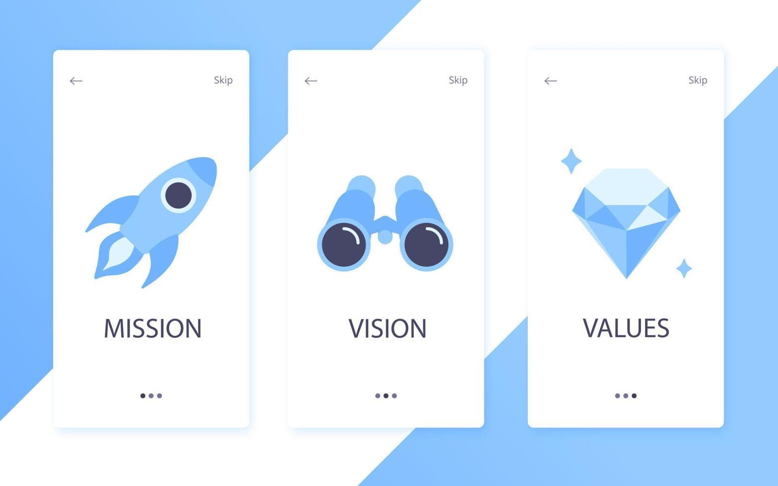 Mission, vision and values flat style design icons signs web concepts vector illustration set.