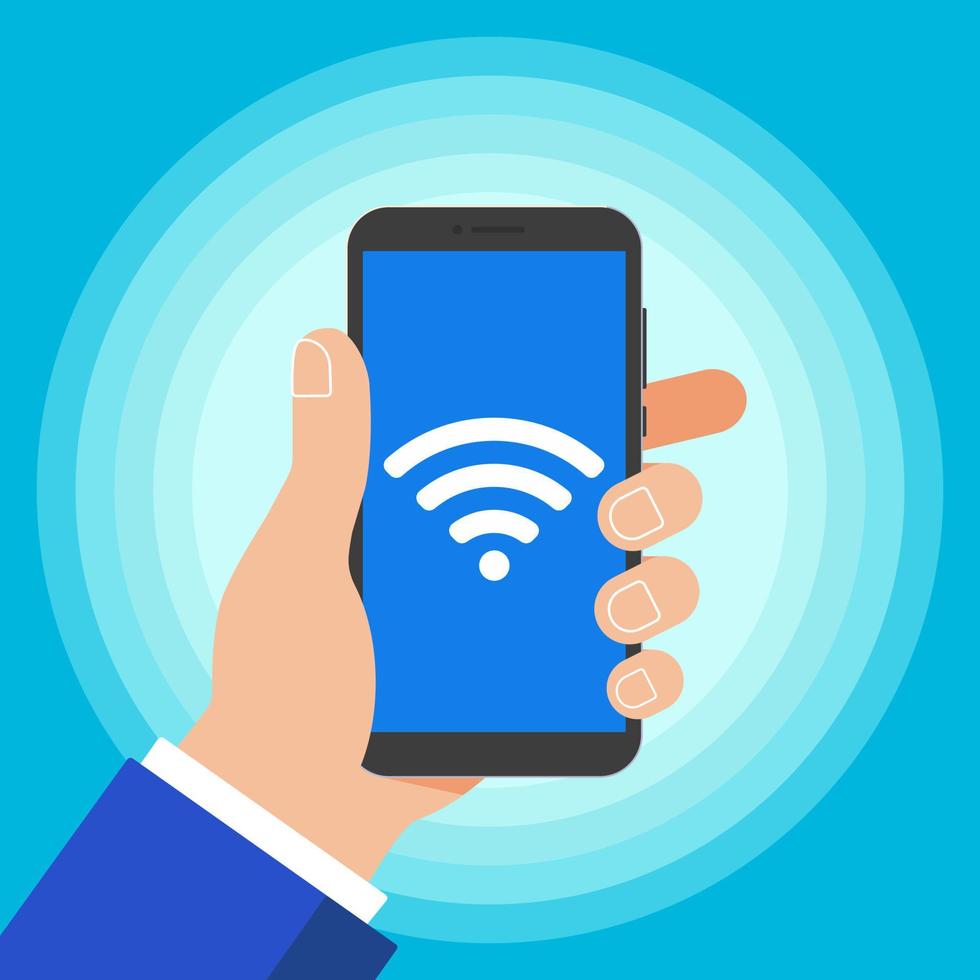 Hand holding black mobile phone with wi-fi signal symbol icon on the screen isolated on light blue background. Smartphone in human's hand vector illustration flat design style and free wifi sign.