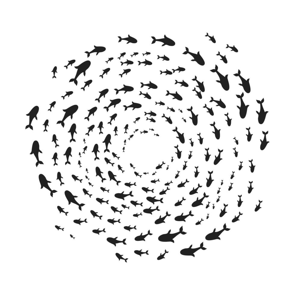 Silhouettes school of fish with marine life of various sizes swimming fish in the circle flat style design vector illustration.