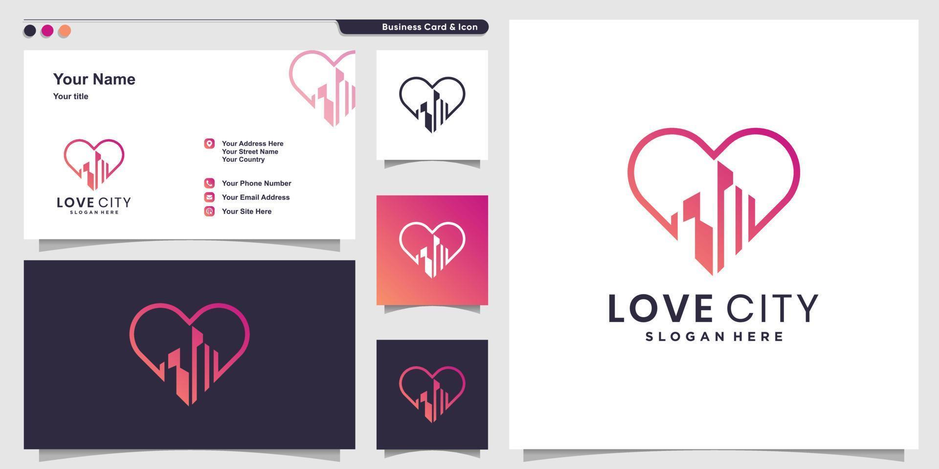 Love city logo with modern line art style and business card design template Premium Vector