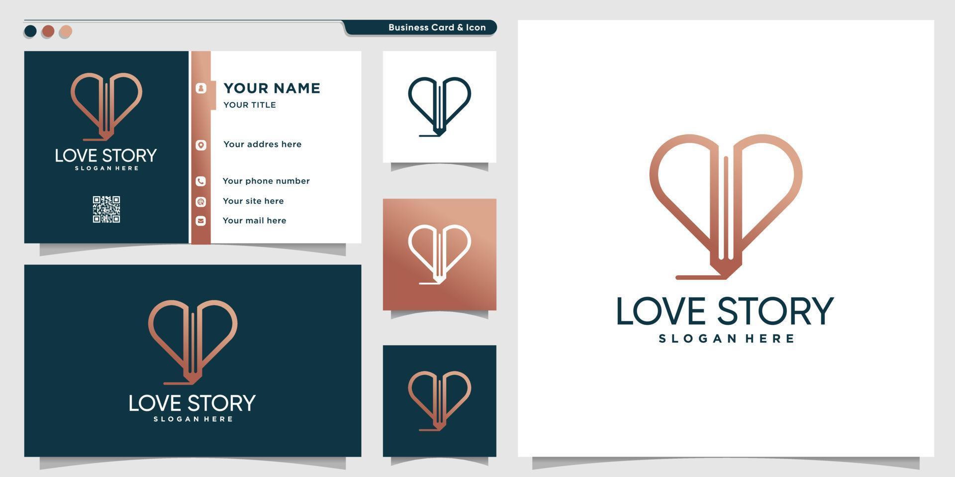 Love story logo with pencil concept and business card design template Premium Vector