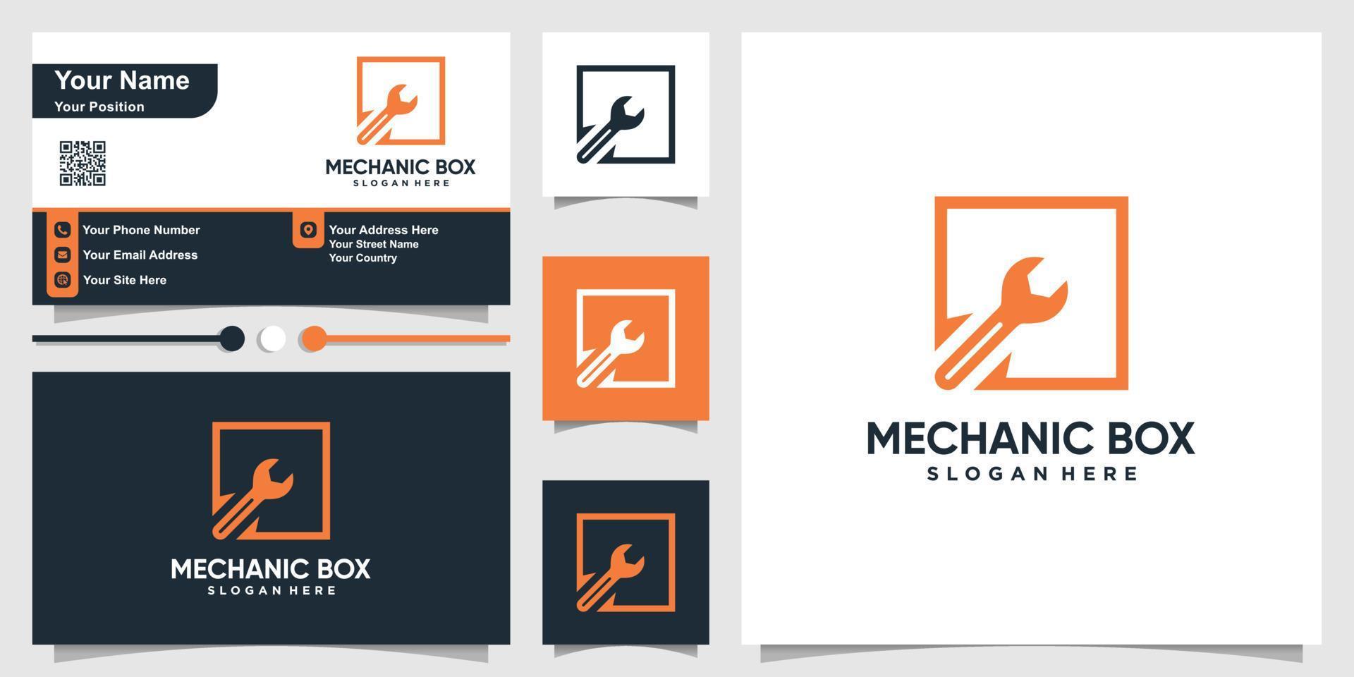 Mechanic logo with square box outline style and business card design template Premium Vector