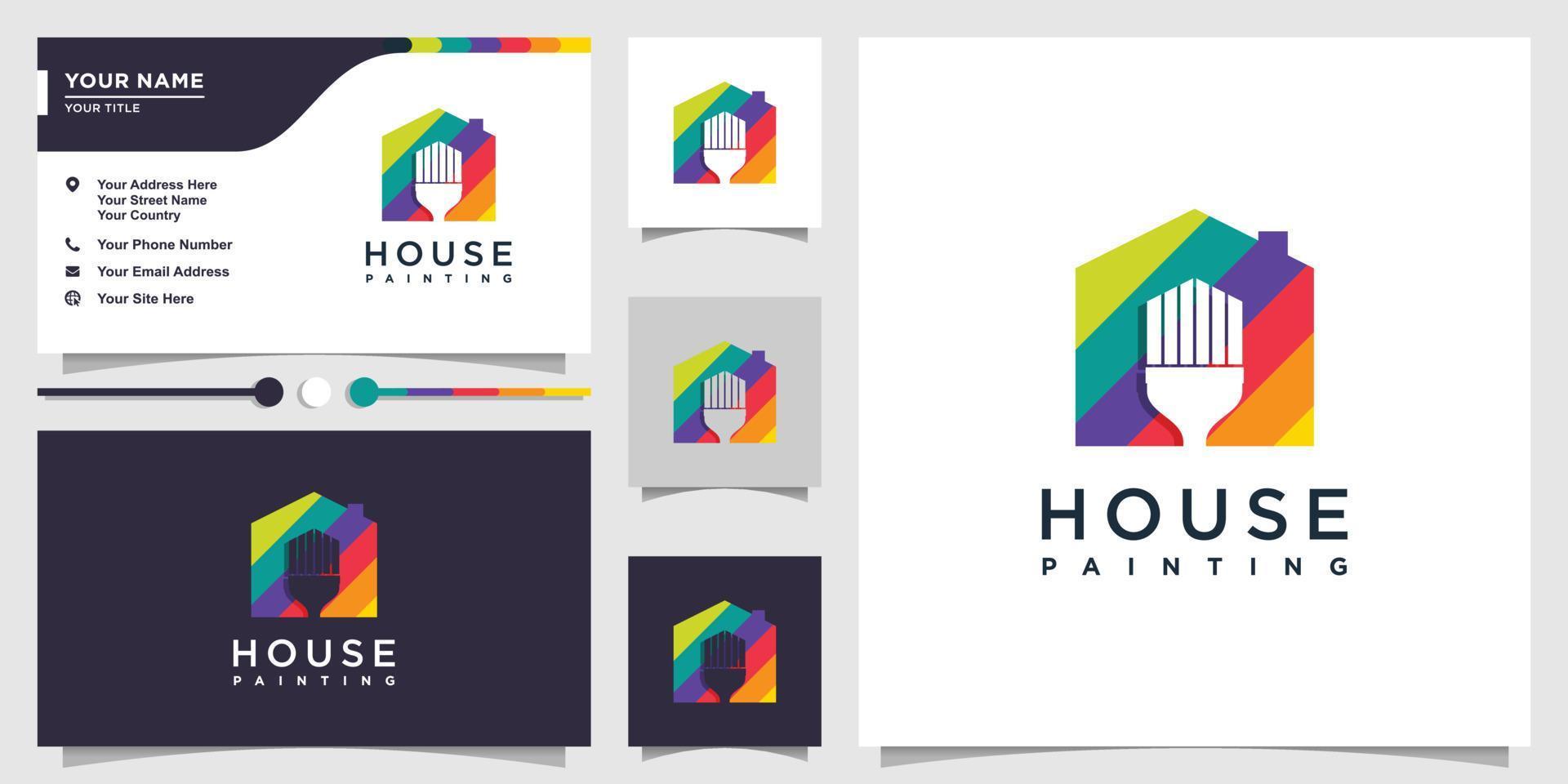 House logo with color paint brush concept and business card design Premium Vector
