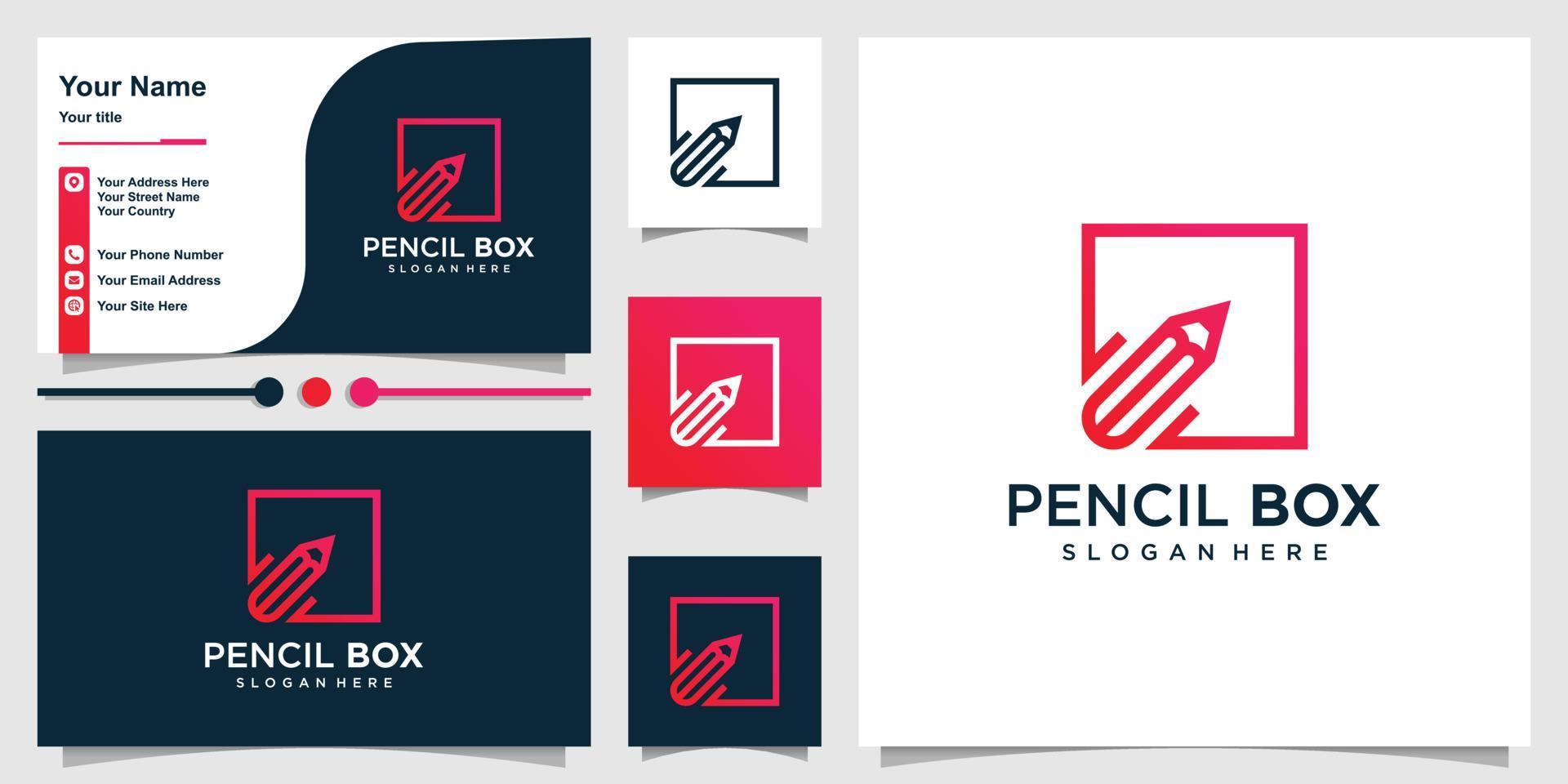 Pencil logo with simple outline box concept and business card design template Premium Vector