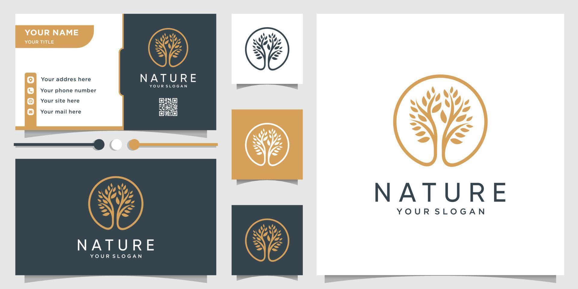 Tree logo with modern unique concept and business card design template Premium Vector