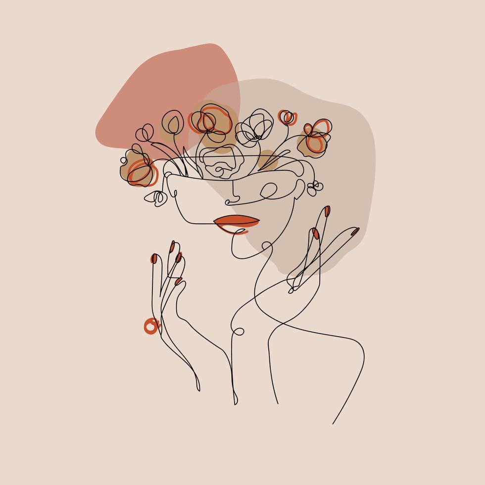 Surreal illustration, Woman face with flowers in her head. Abstraction pose of a woman with hands on a beige background in retro vintage style. Continuous line trend style, vector graphic