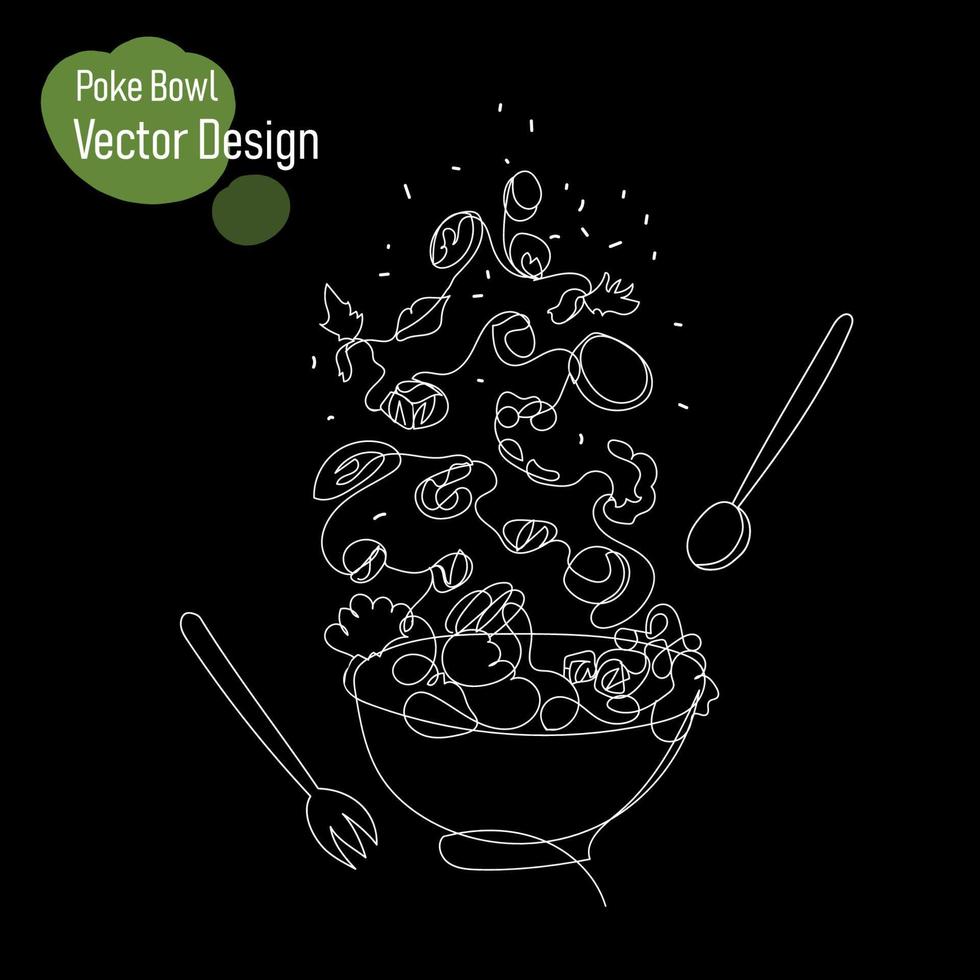 Continuous line poke bowl in line art style on black background. Vector linear illustration. Vector illustration design. Sketch drawing modern healthy food