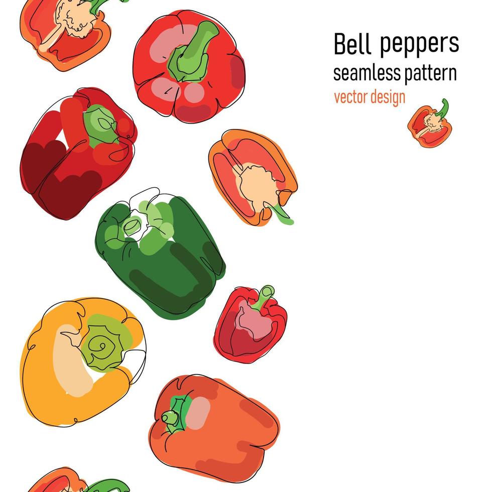 Vectical seamless pattern with red yellow and green bell peppers, Vegetable illustration with place for text, isolated on white background.Vector design eps10 vector