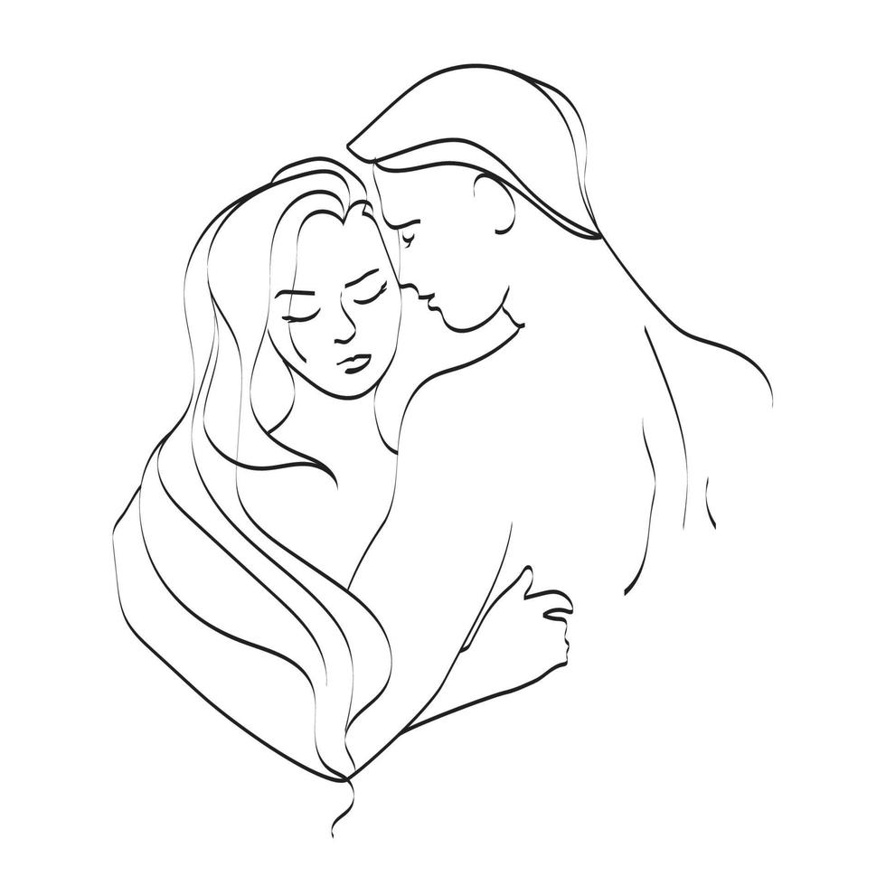 Romantic illustration with hugging young couple in love, Minimal art illustration. Man kissing a woman. Valentine's Day cards or as illustration for posts. Vector line art woman and man