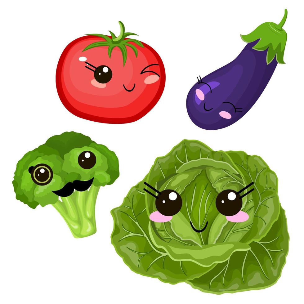 Funny cartoon cute beet, cabbage and ripe tomato. Purple eggplant. Funny face vector. vector