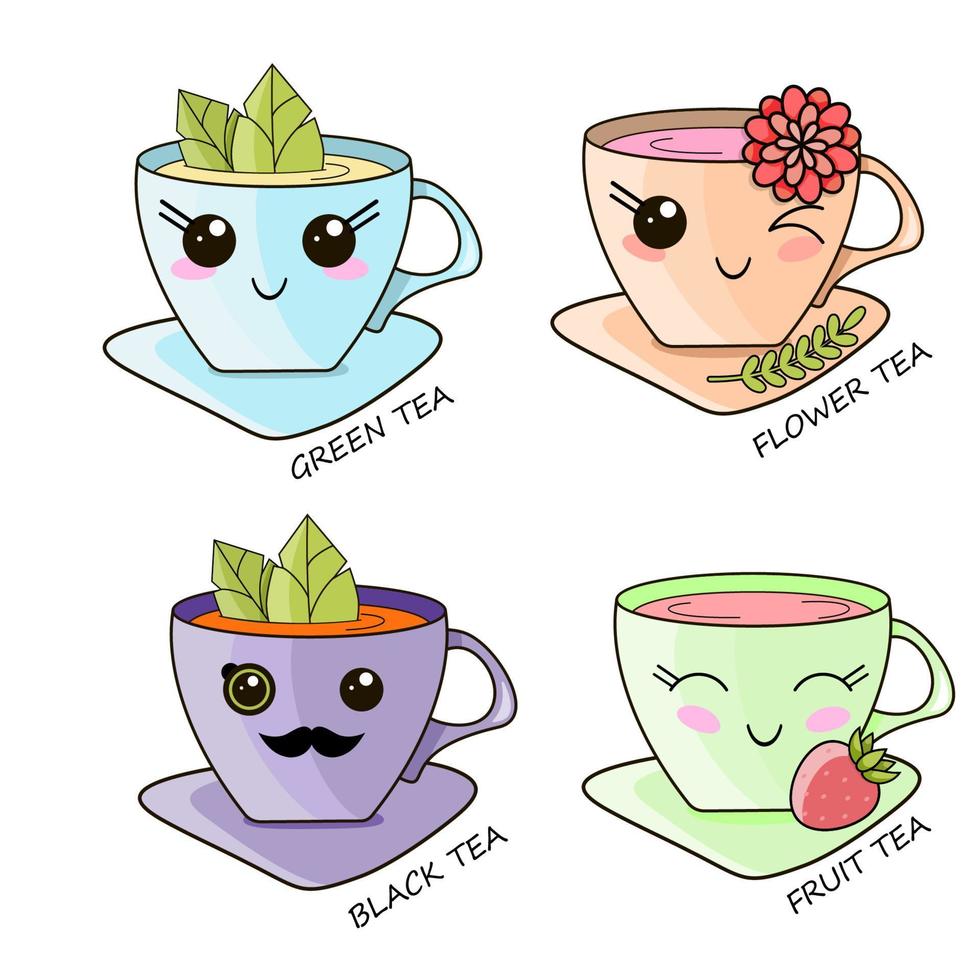 lindo kawaii tazas de té caliente ilustración de diseño de vector de bolsa de  té. 5938851 Vector en Vecteezy