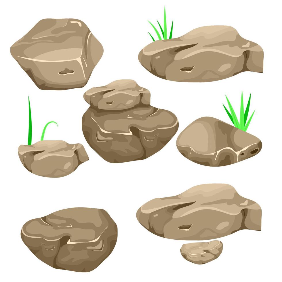 ilustración vectorial de un conjunto de rocas de dibujos animados separadas, piedras y piedras de varias formas, con briznas de hierba, para llenar los paisajes naturales y las escenas de la interfaz del juego. vector