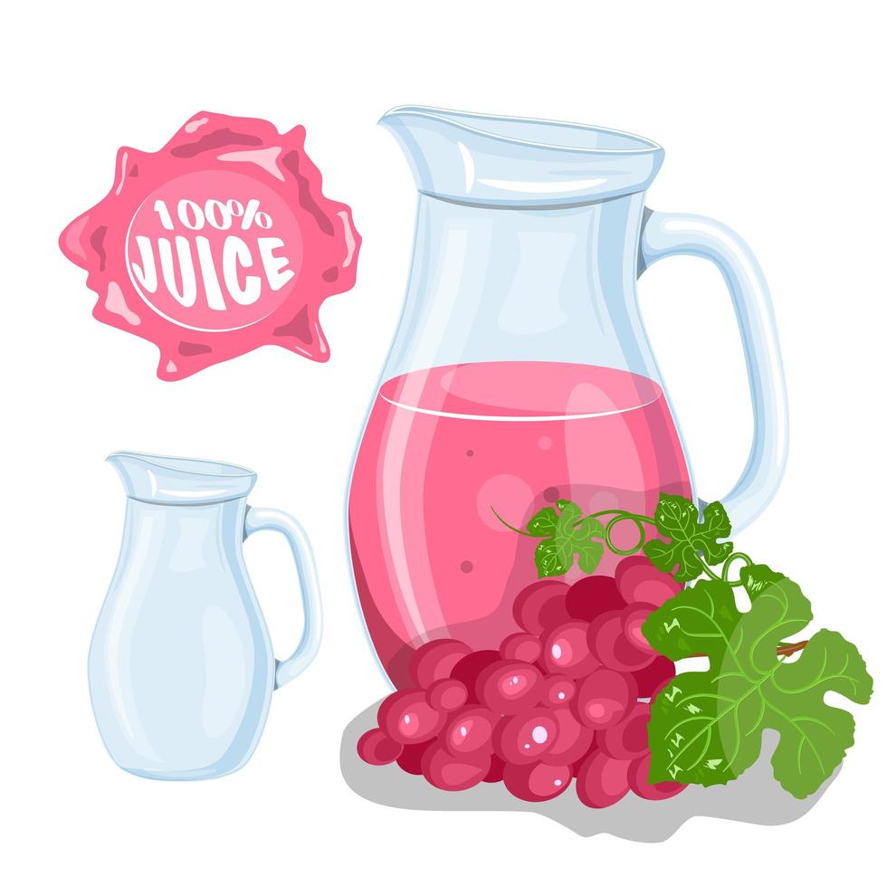 conjunto vectorial de tarro de uvas frescas naturales en el banco y uvas aisladas en blanco. bebida de fruta orgánica saludable, cóctel, limonada para una vida sana, vector