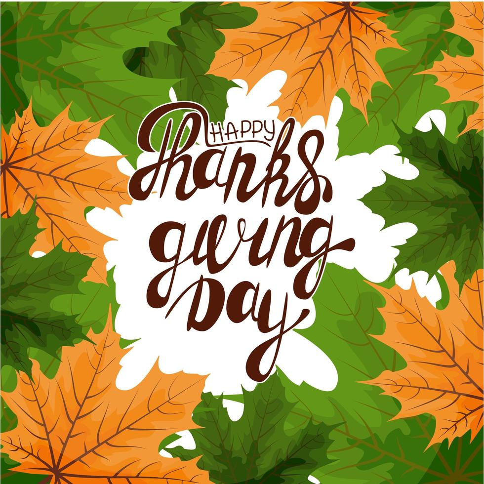 Happy Thanksgiving card. Hand drawn celebration quote Happy Thanksgiving . Colorful autumn leaves. Round label with shadow effect. Freehand lettering. vector