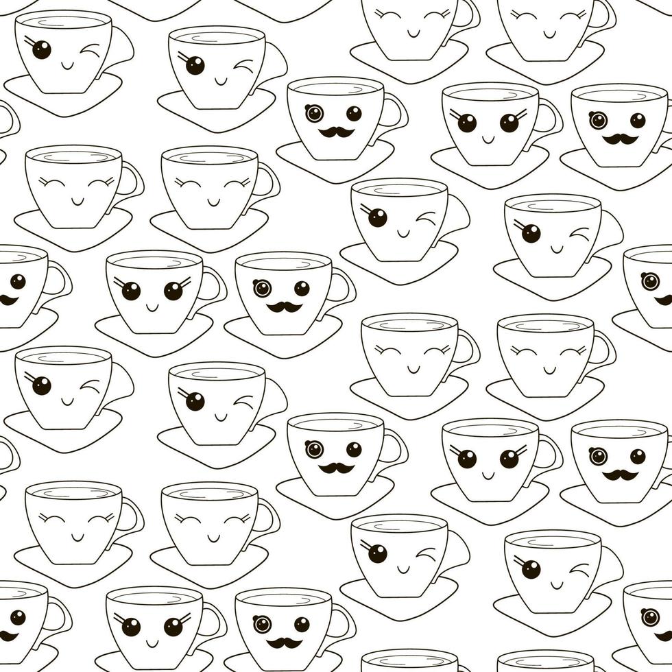 Vector seamless pattern with hand drawn kawaii cup. Black contour on a white background.