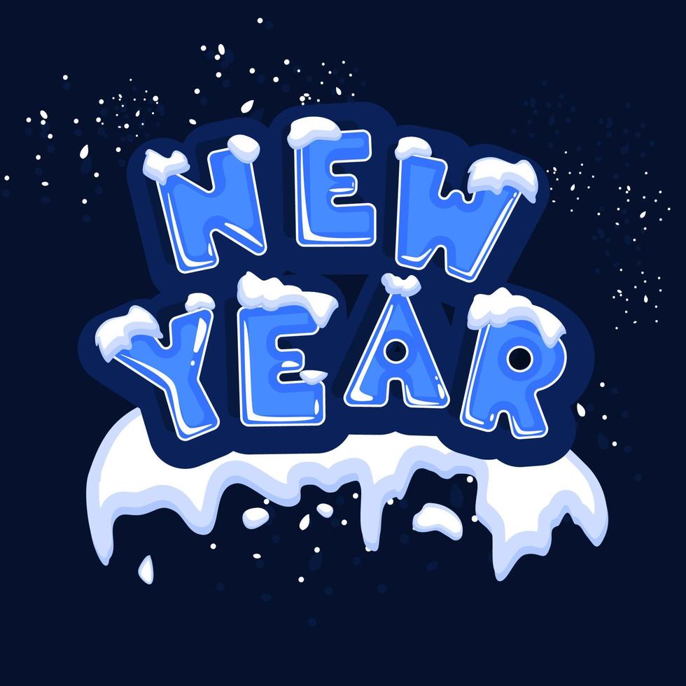 The word new year, covered with layers of snow ice, on the text of snowflakes behind. Stock vector. Text in cartoon style. vector