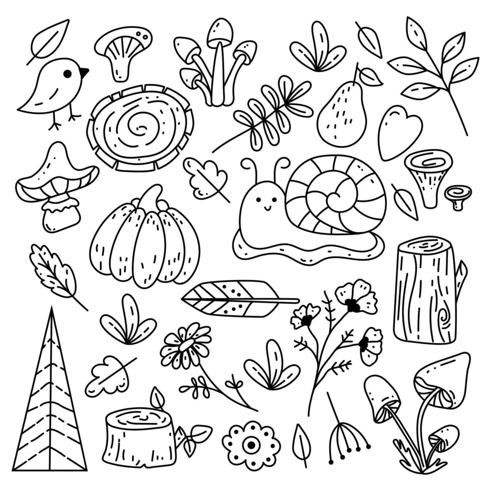 Set of Autumn Forest design elements in doodle hand drawn style. Collection of animals and natural objects in vintage style. vector