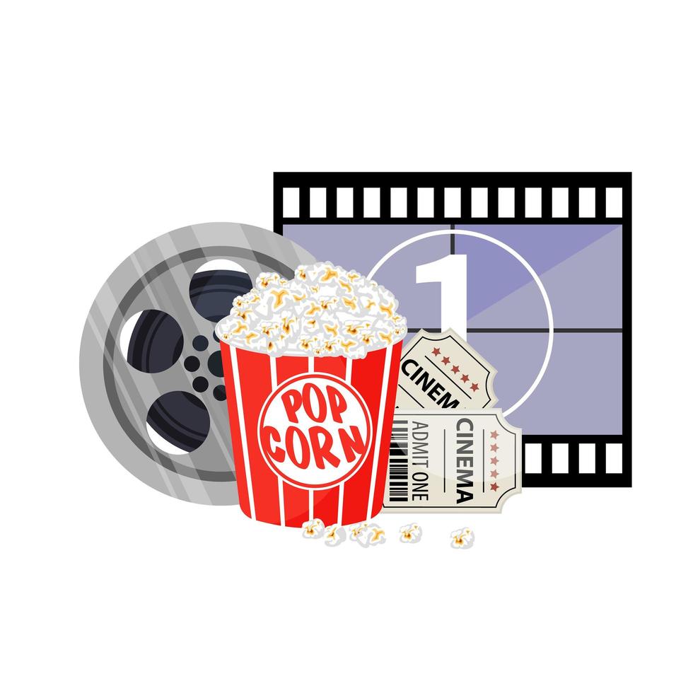 ilustración de vector de tiempo de película. concepto de cartel de cine sobre fondo redondo rojo. composición con palomitas de maíz, claqueta, gafas 3d y tira de película.