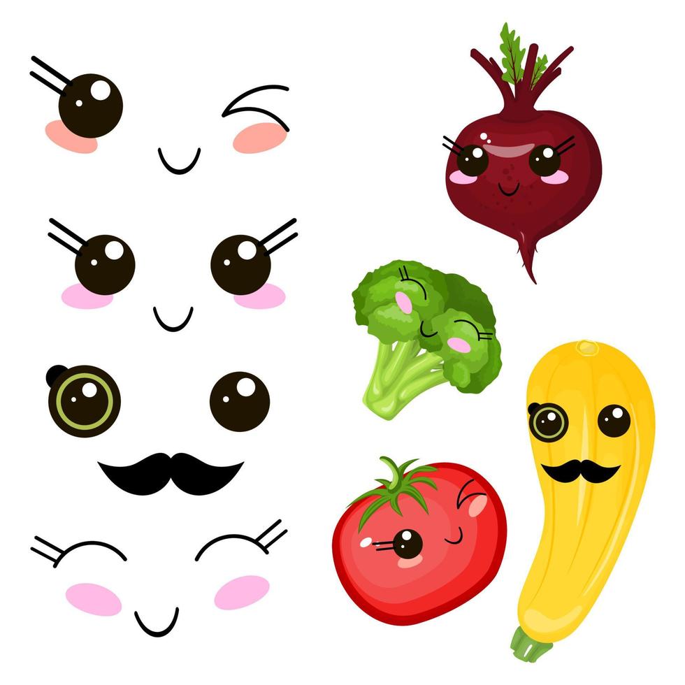 Funny cartoon cute beetroot, cabbage and ripe tomato. Funny face vector. vector