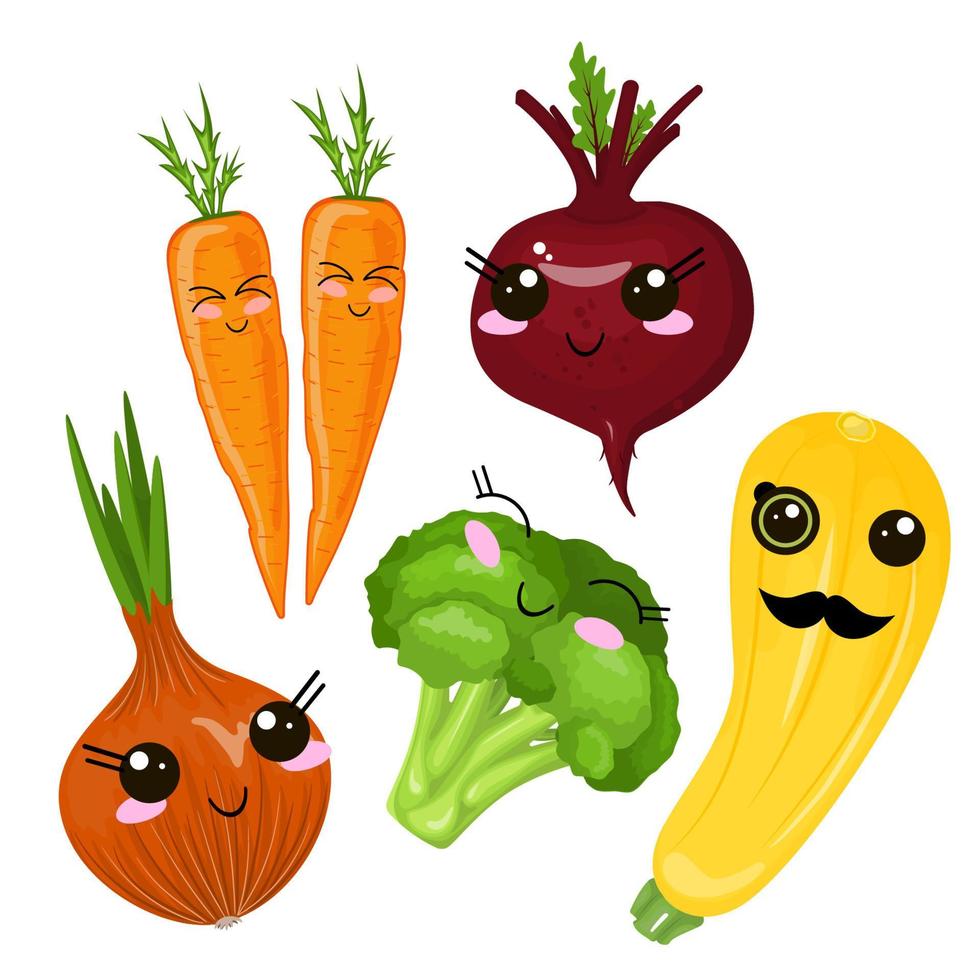 Funny cartoon cute ripe Bukar, yellow squash, long orange markovka. Funny face vector. vector