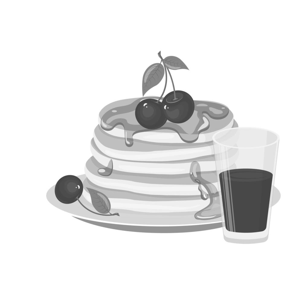 Pancakes with cherry berries and honey icon. Gray tones. vector