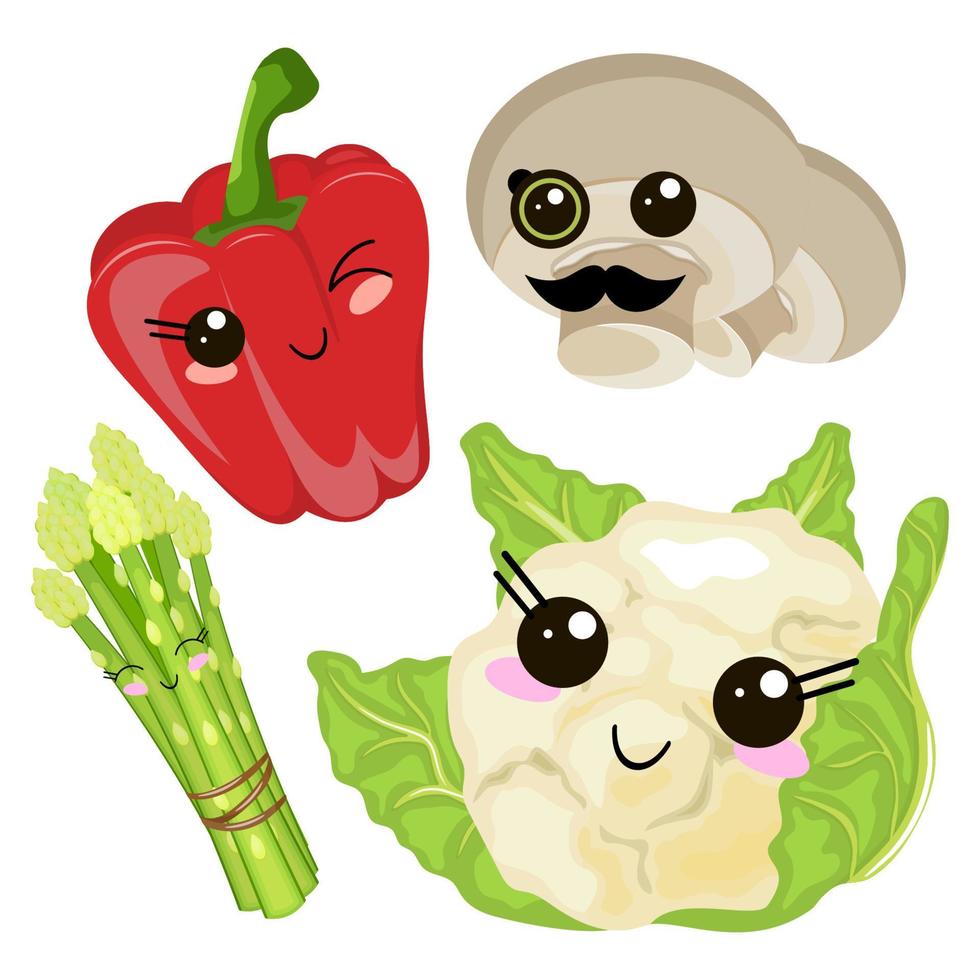 Funny cartoon cute cabbage, red ripe pepper, green juice, champignon mushroom. Funny face vector. vector