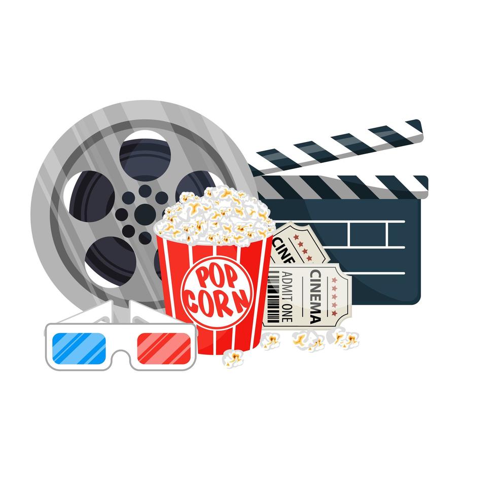 Movie time vector illustration. Cinema poster concept on red round background. Cinema banner design for movie theater.