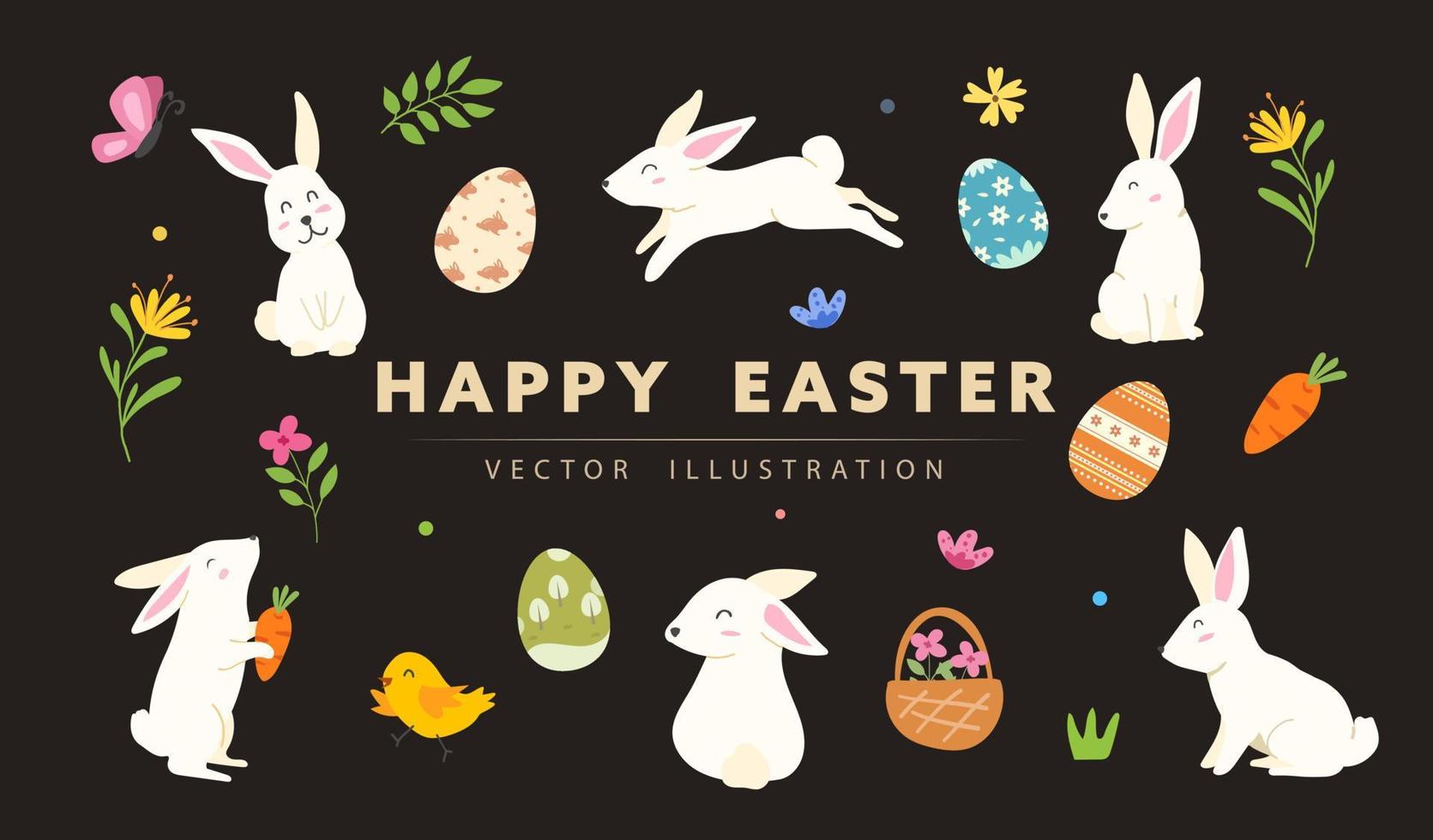 Hand drawn collection of cute bunny for easter and spring with flowers, leaves and decorative elements. Vector illustration