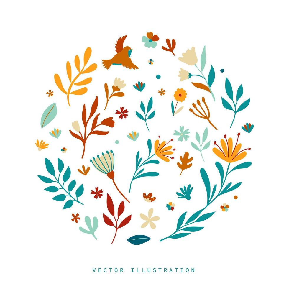 Hand drawn collection for spring with flowers, leaves and decorative elements. Vector illustration