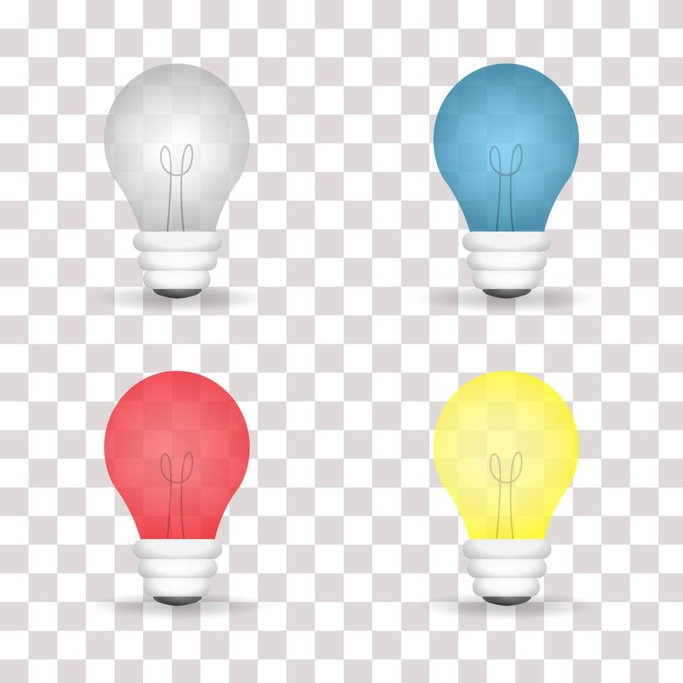 collection of  3d energy light bulb Ideas. White, blue, red and yellow transparent light bulbs. transparent white background. Energy and idea symbol. colorful light bulbs. vector illustration