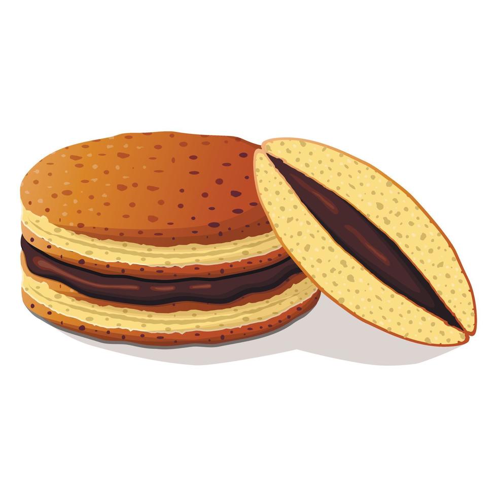 Japanese pancakes dorayaki whole and cut with chocolate filling in cartoon flat style vector