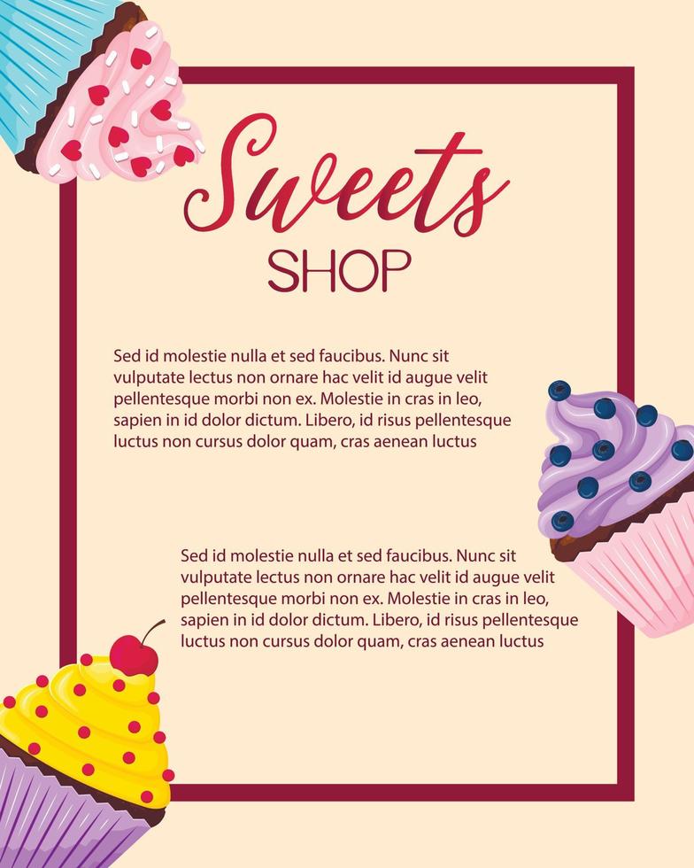 Flyer template for sweet shop on beige background with cute cupcakes in cartoon flat style. Media design for banner, poster, confectionery advertisement. vector