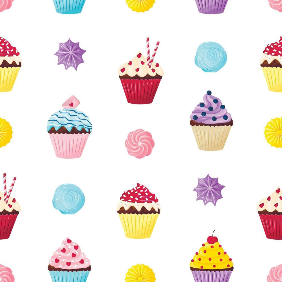 pattern with cute cupcakes and meringues vector