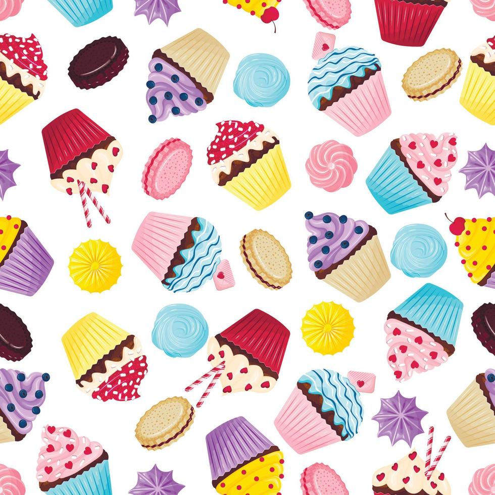 Seamless pattern with cute cupcakes, cookies and meringues on a white background in a cartoon flat style vector