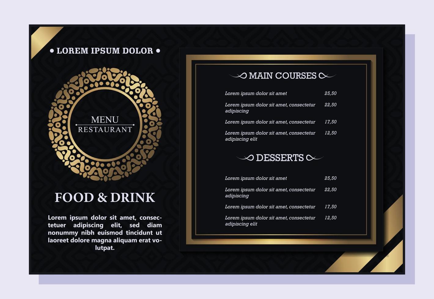 luxury dark and gold restaurant menu flyer vector