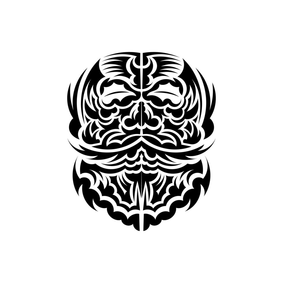 Black and white Tiki mask. Native Polynesians and Hawaiians tiki illustration in black and white. Isolated on white background. Tattoo sketch. Vector illustration.