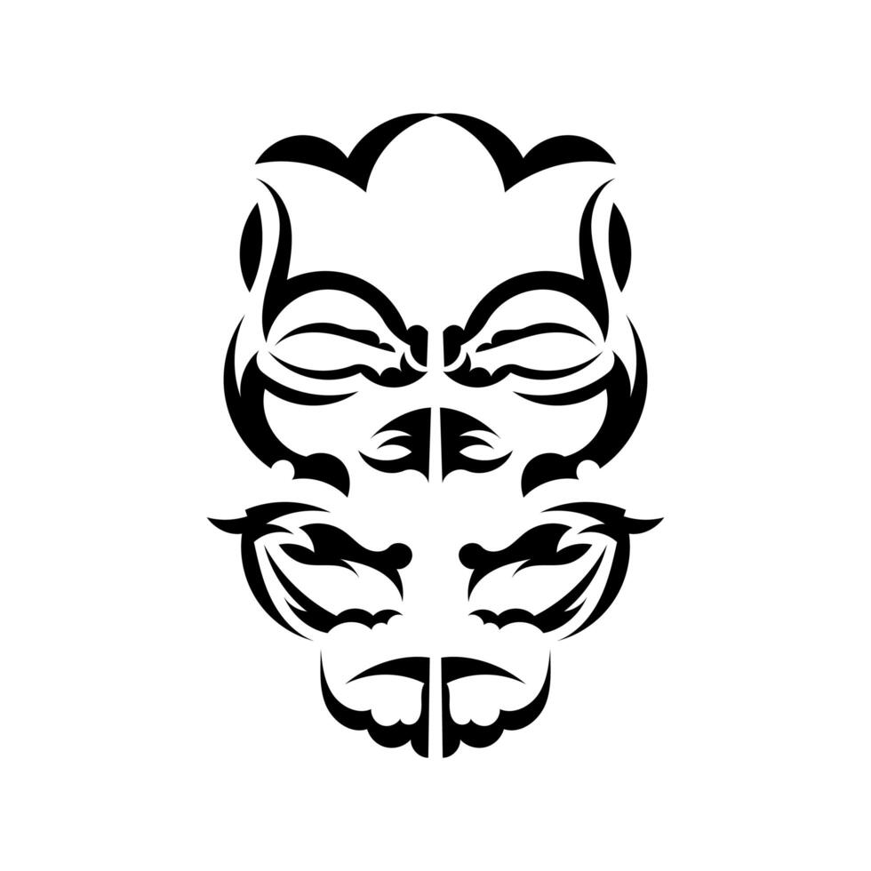 Maori mask. Native Polynesians and Hawaiians tiki illustration in black and white. Isolated on white background. Flat style. Vector illustration.