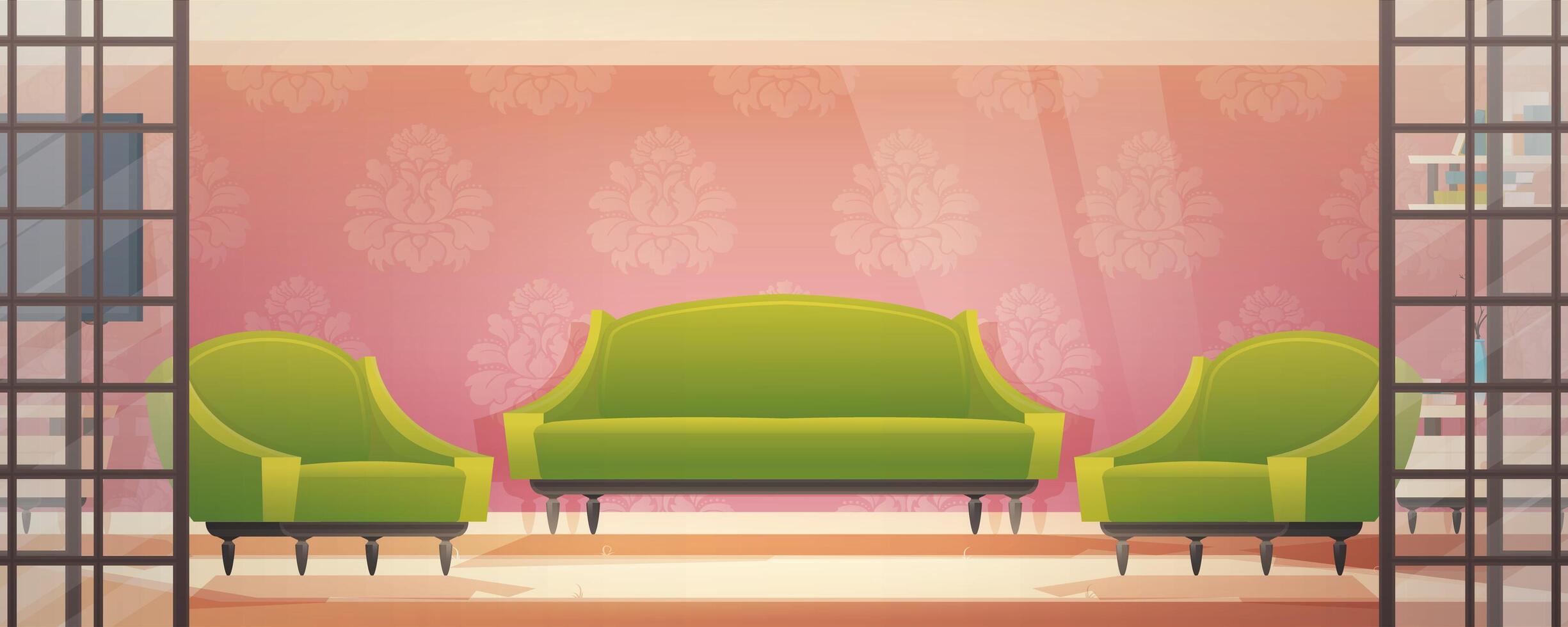 interior de la casa con entrada de pasillo y muebles. Hall luminoso, living comedor con sillones y alfombra. ilustración vectorial de dibujos animados. vector